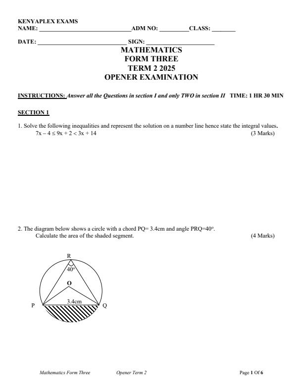 Preview page Form-3-Mathematics-Term-2-Opener-Exam-2025_3953_0.jpg