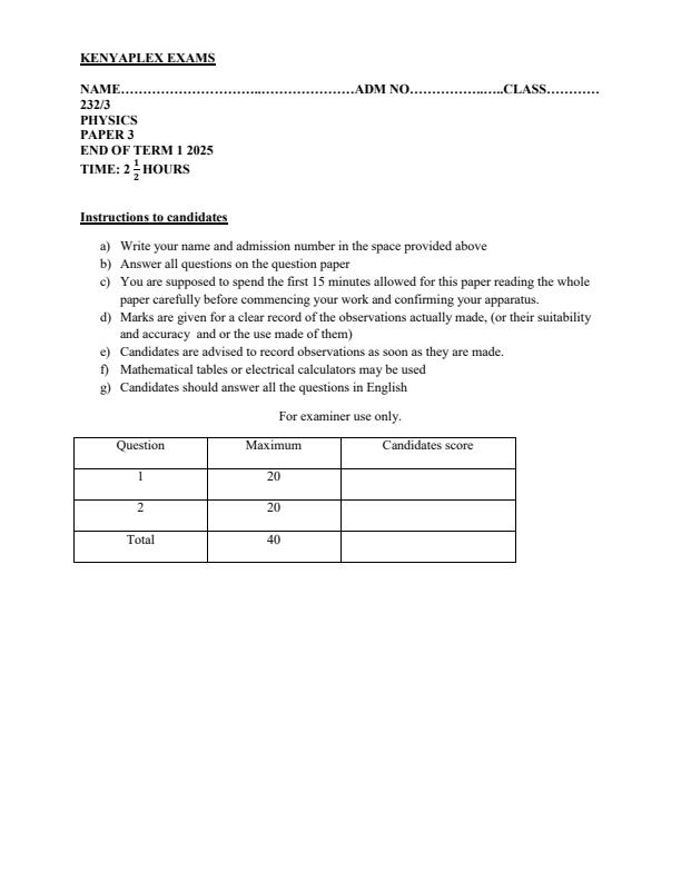 Preview page Form-3-Physics-Paper-3-End-of-Term-1-Examination-2025_3859_0.jpg