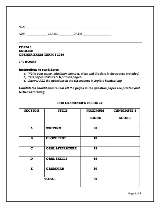 Preview page Form-3-Term-1-French-Opener-Exam-2026_4895_0.jpg