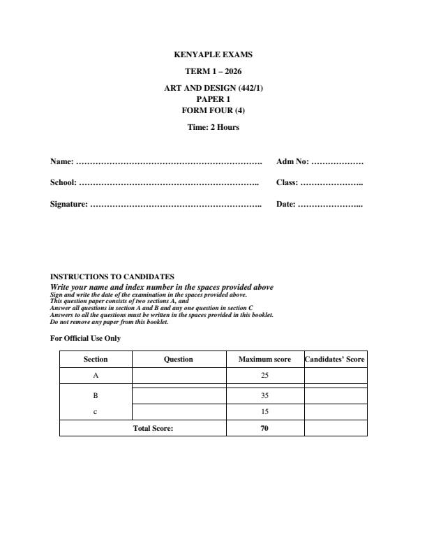 Preview page Form-4-Art-and-Design-Paper-1-End-Term-1-Exam-2026_5479_0.jpg