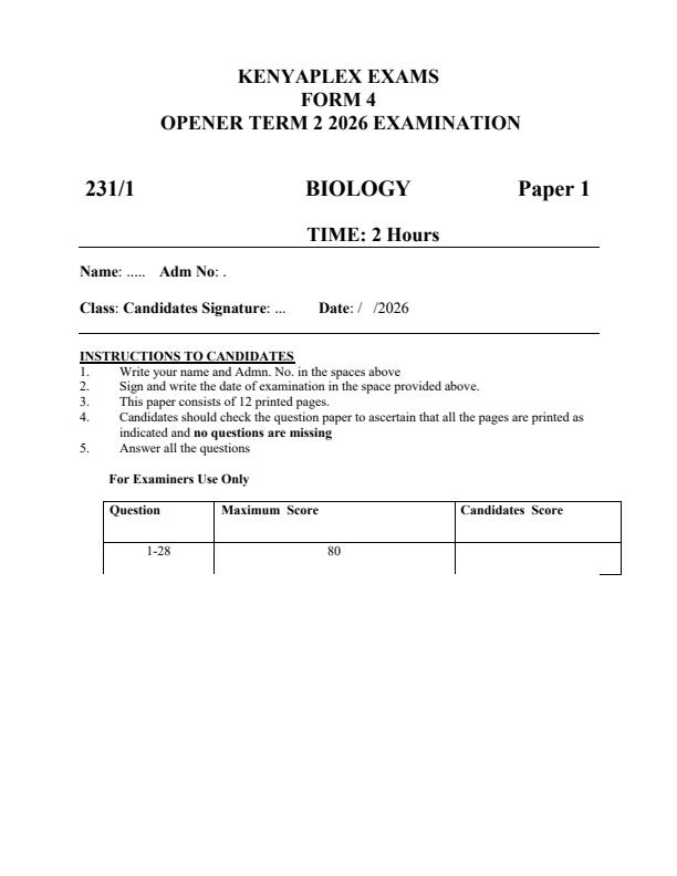 Preview page Form-4-Biology-Paper-1-Term-2-Opener-Exam-2026_5729_0.jpg