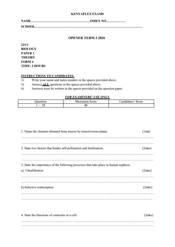 Preview page Form-4-Biology-Paper-1-Term-3-Opener-Exam-2026_6642_0.jpg