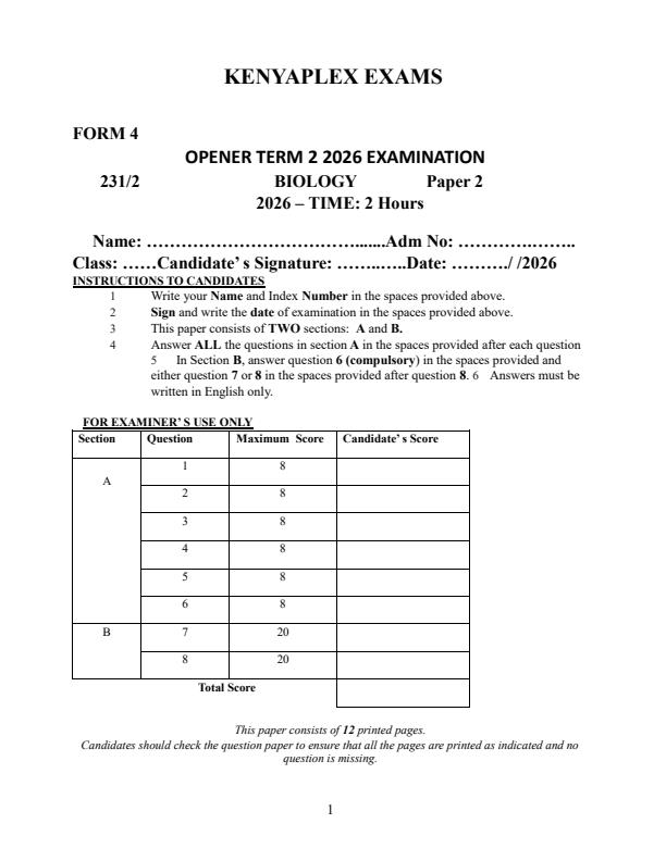 Preview page Form-4-Biology-Paper-2-Term-2-Opener-Exam-2026_5730_0.jpg