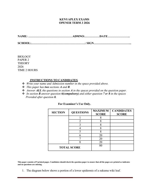 Preview page Form-4-Biology-Paper-2-Term-3-Opener-Exam-2026_6643_0.jpg