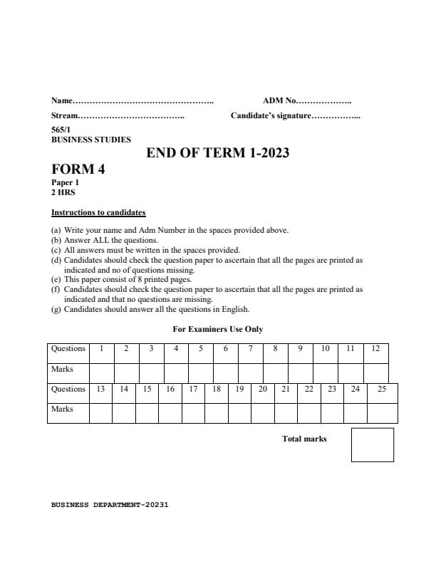 Form 4 Business Studies Paper 1 End Term 1 Examination 2023 1566