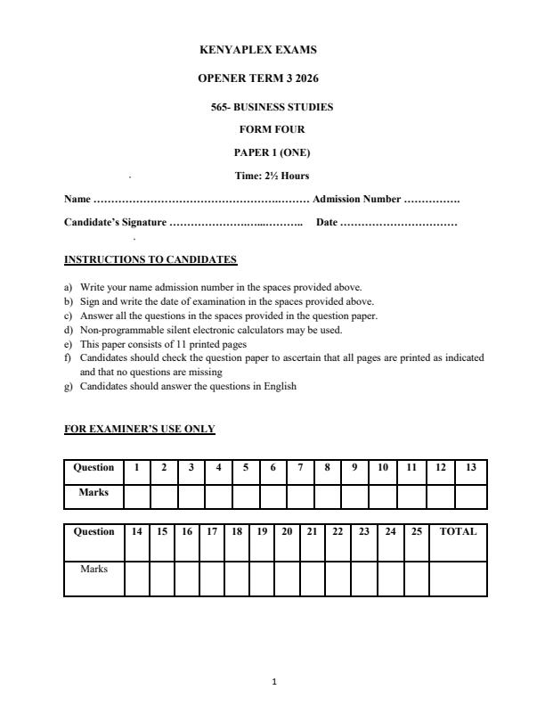 Preview page Form-4-Business-Studies-Paper-1-Term-3-Opener-Exam-2026_6645_0.jpg
