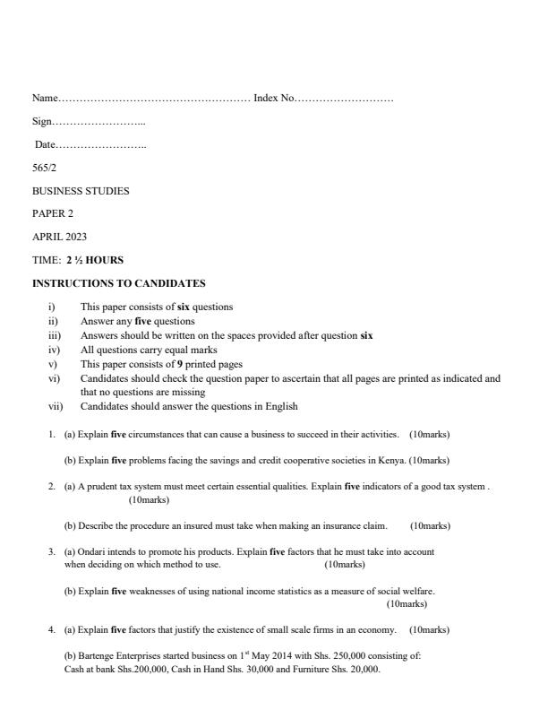 Form 4 Business Studies Paper 2 End Term 1 Examination 2023 1521