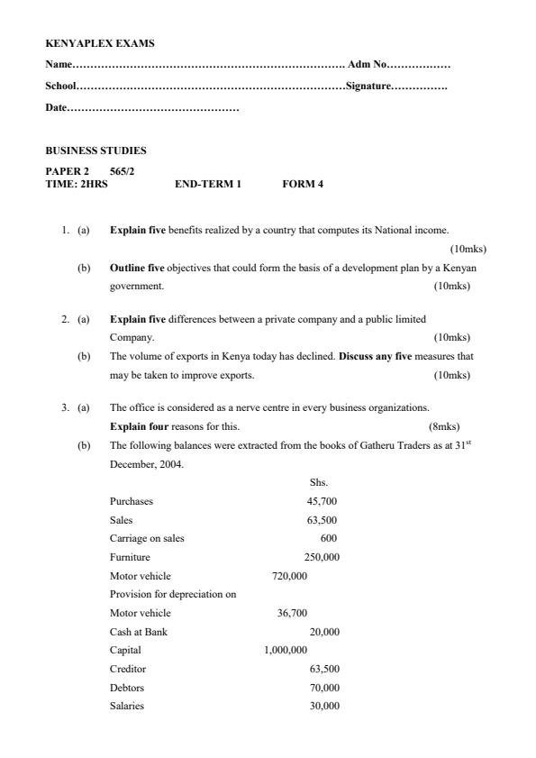 Form 4 Business Studies Paper 2 End of Term 1 Examination 2022 1233