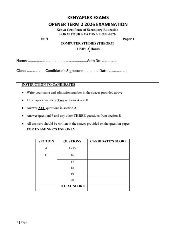 Preview page Form-4-Computer-Studies-Paper-1-Term-2-Opener-Exam-2026_5739_0.jpg