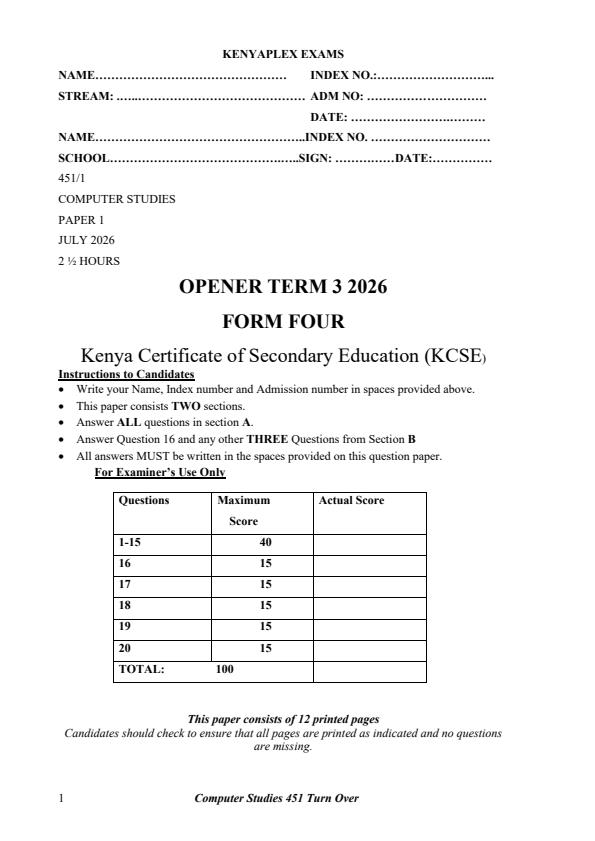 Preview page Form-4-Computer-Studies-Paper-1-Term-3-Opener-Exam-2026_6669_0.jpg