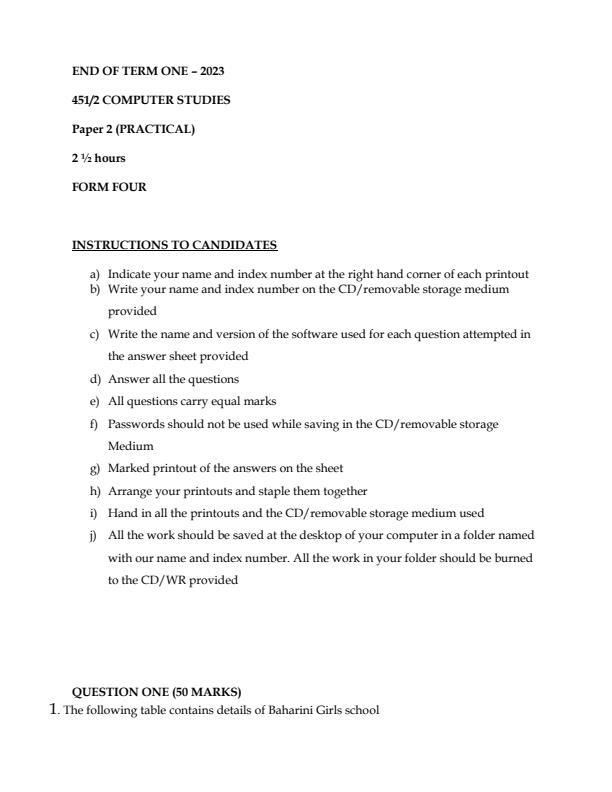 Form 4 Computer Studies Paper 2 End Term 1 Examination 2023 1549