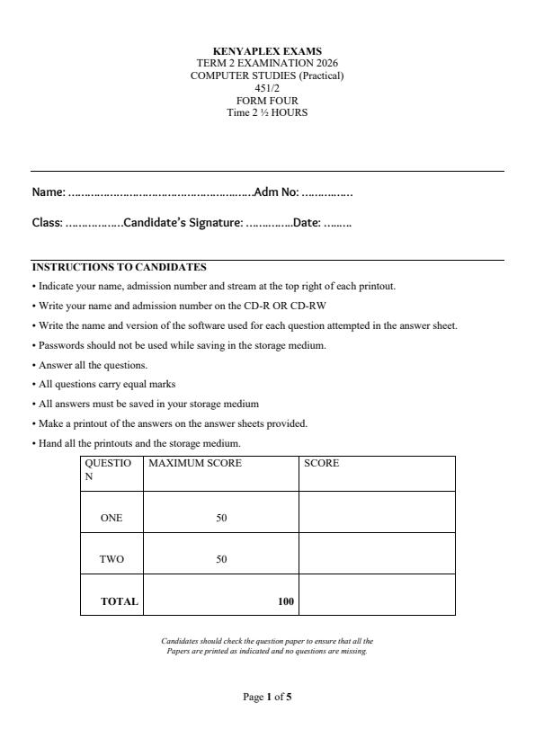 Preview page Form-4-Computer-Studies-Paper-2-Term-2-Opener-Exam-2026_5740_0.jpg