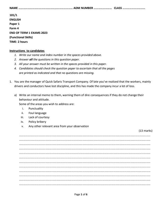 Form 4 English Paper 1 End Term 1 Examination 2023 1528