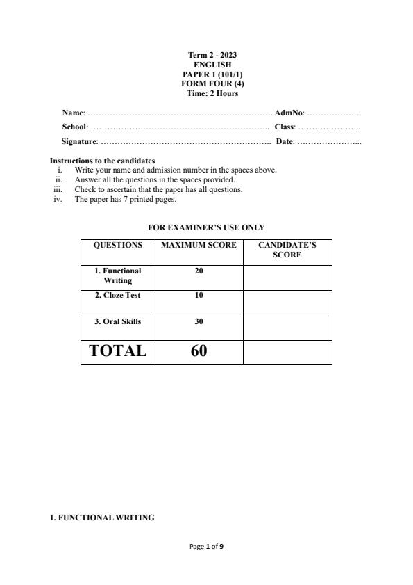 Form 4 English Paper 1 End of Term 2 Examination 2023 1773