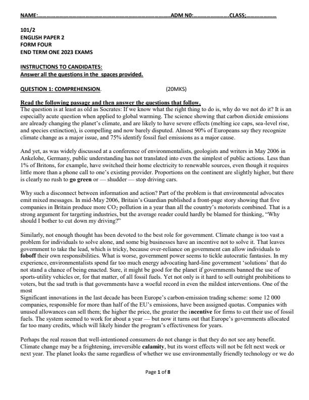 Form 4 English Paper 2 End Term 1 Examination 2023 1529