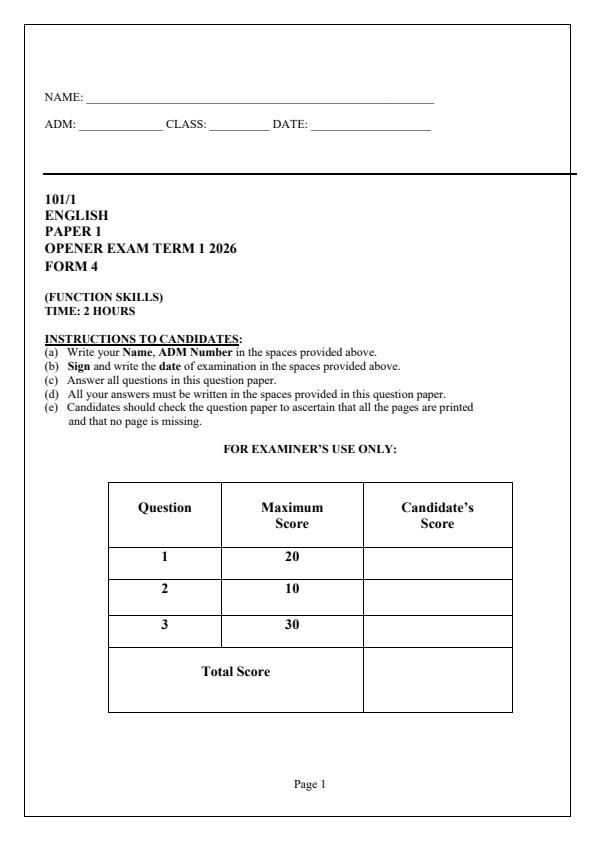 Preview page Form-4-English-Term-1-Opener-Exam-2026_4908_0.jpg