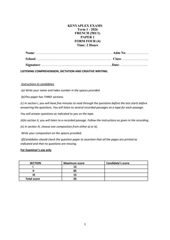 Preview page Form-4-French-Paper-1-End-Term-1-Exam-2026_5496_0.jpg