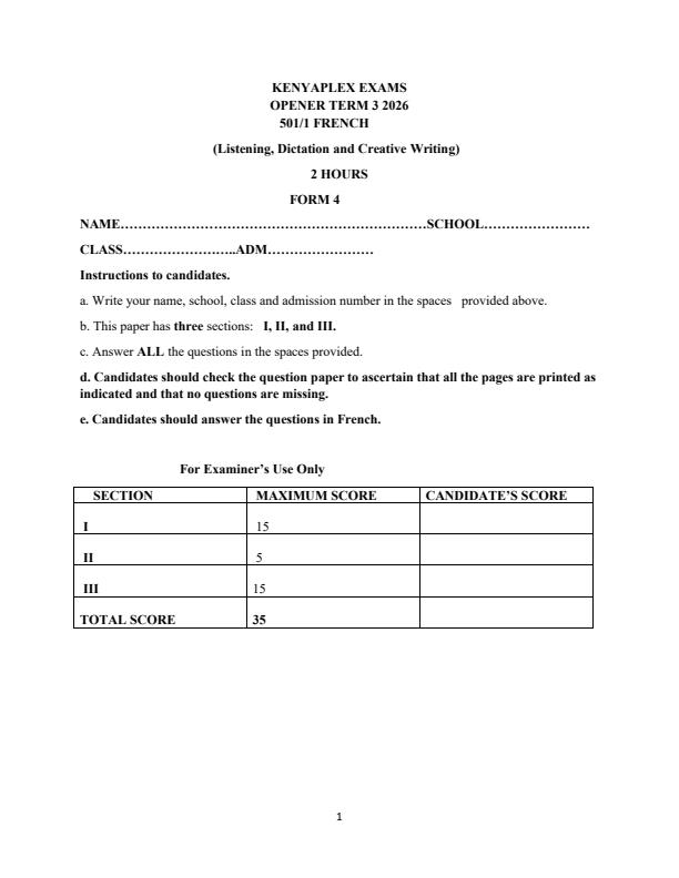 Preview page Form-4-French-Paper-1-Term-3-Opener-Exam-2026_6666_0.jpg