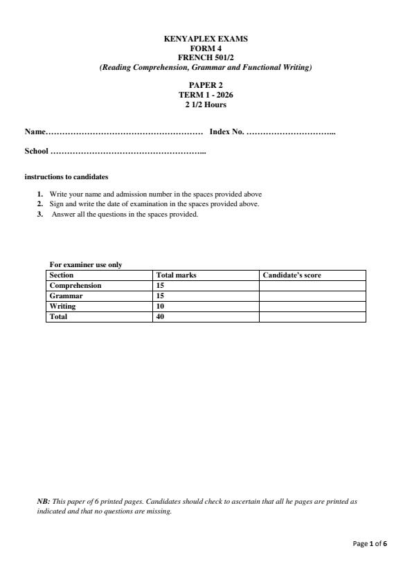 Preview page Form-4-French-Paper-2-End-Term-1-Exam-2026_5511_0.jpg