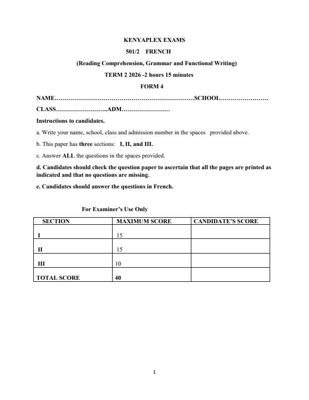 Preview page Form-4-French-Paper-2-Term-2-Opener-Exam-2026_5745_0.jpg