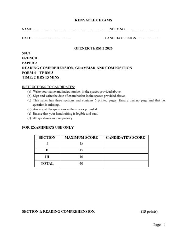 Preview page Form-4-French-Paper-2-Term-3-Opener-Exam-2026_6667_0.jpg