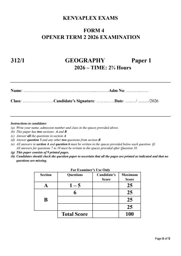 Preview page Form-4-Geography-Paper-1-Term-2-Opener-exam-2026_5748_0.jpg