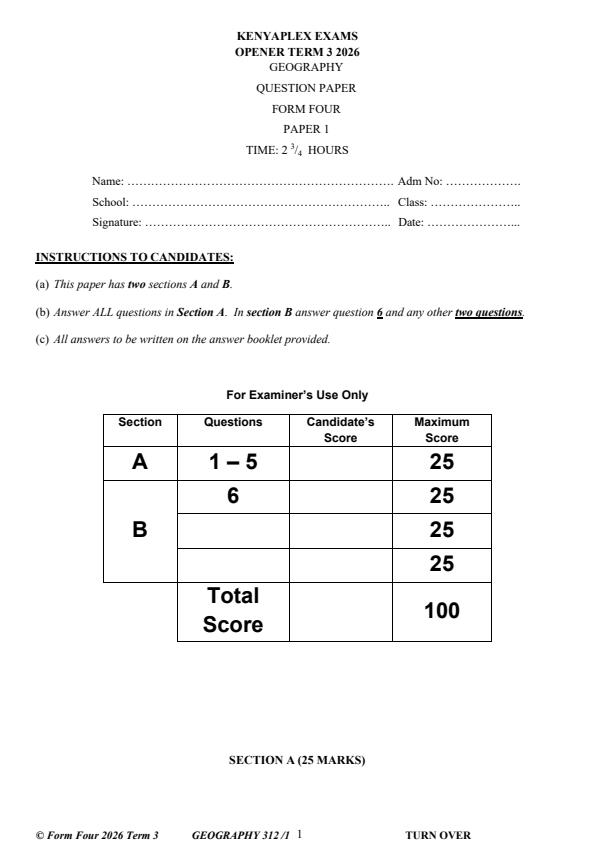 Preview page Form-4-Geography-Paper-1-Term-3-Opener-Exam-2026_6664_0.jpg