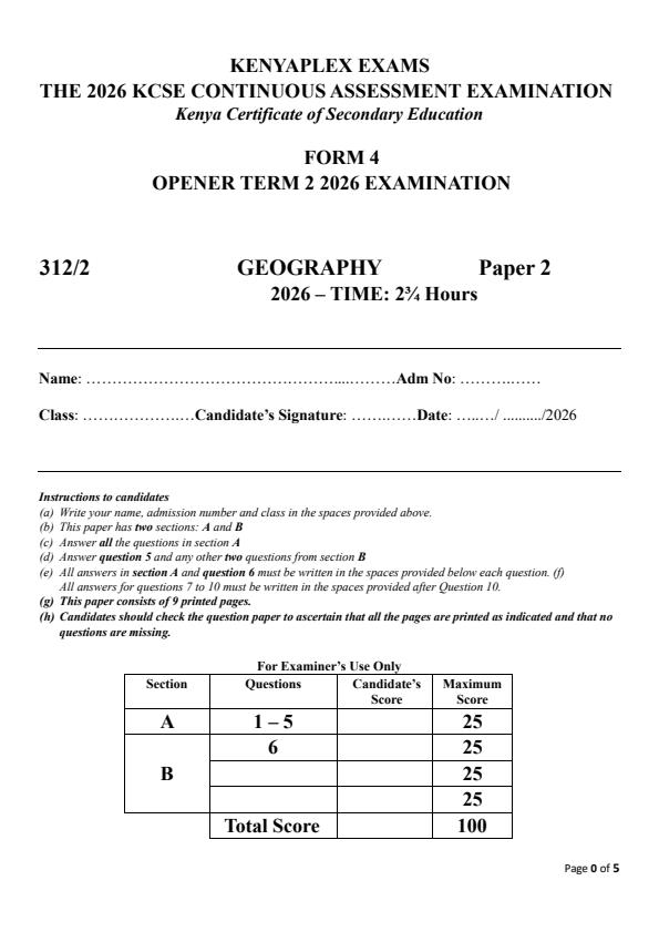 Preview page Form-4-Geography-Paper-2-Term-2-Opener-Exam-2026_5749_0.jpg