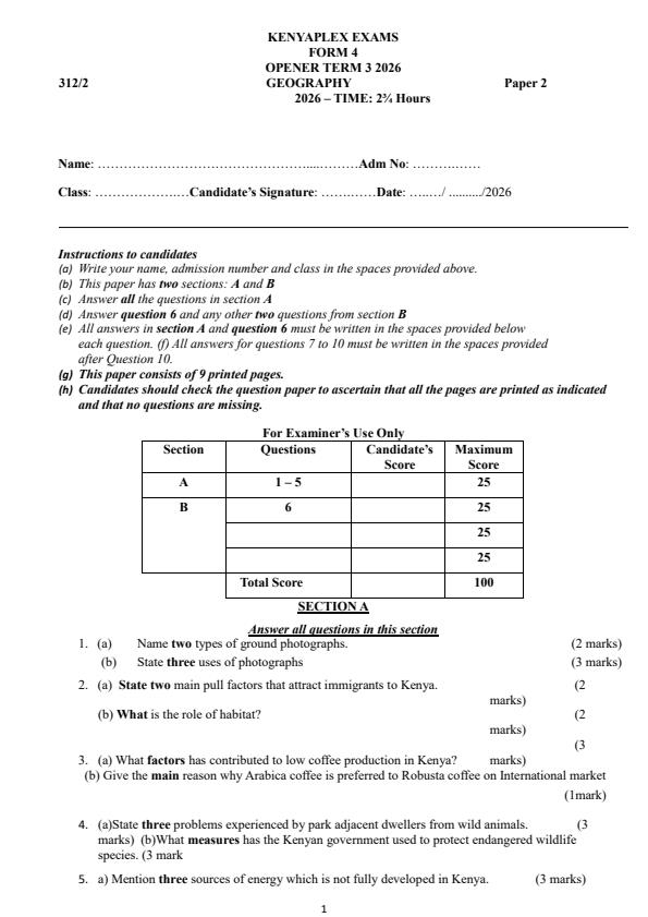 Preview page Form-4-Geography-Paper-2-Term-3-Opener-Exam-2026_6665_0.jpg
