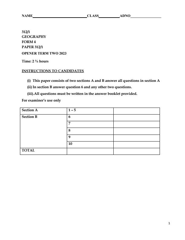 Preview page Form-4-Geography-Term-2-Opener-Exam-2023_1607_0.jpg
