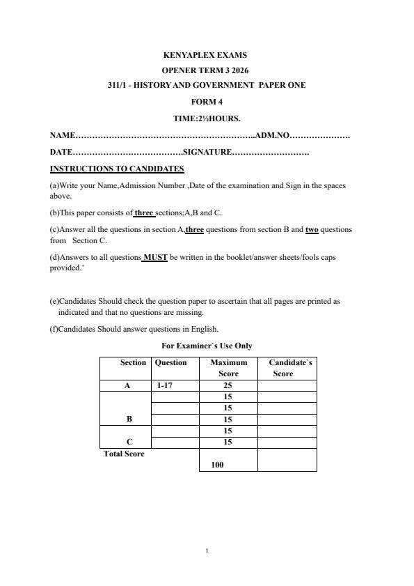 Preview page Form-4-History--Government-Paper-1-Term-3-Opener-Exam-2026_6662_0.jpg