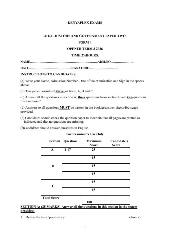 Preview page Form-4-History--Government-Paper-2-Term-3-Opener-Exam-2026_6663_0.jpg