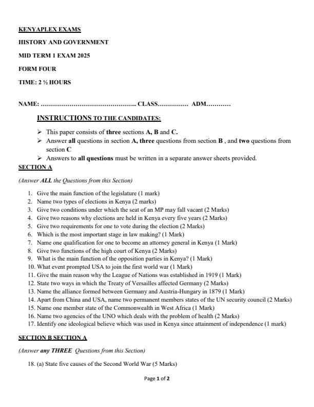 Preview page Form-4-History-and-Government-Mid-Term-1-Exam-2025_3704_0.jpg