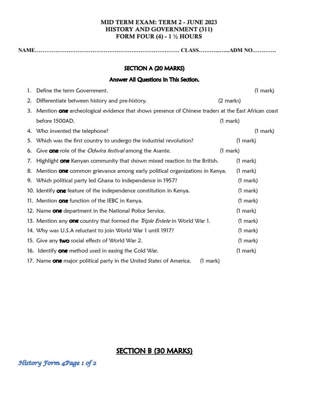 Preview page Form-4-History-and-Government-Mid-Term-2-Exam-2023_1680_0.jpg