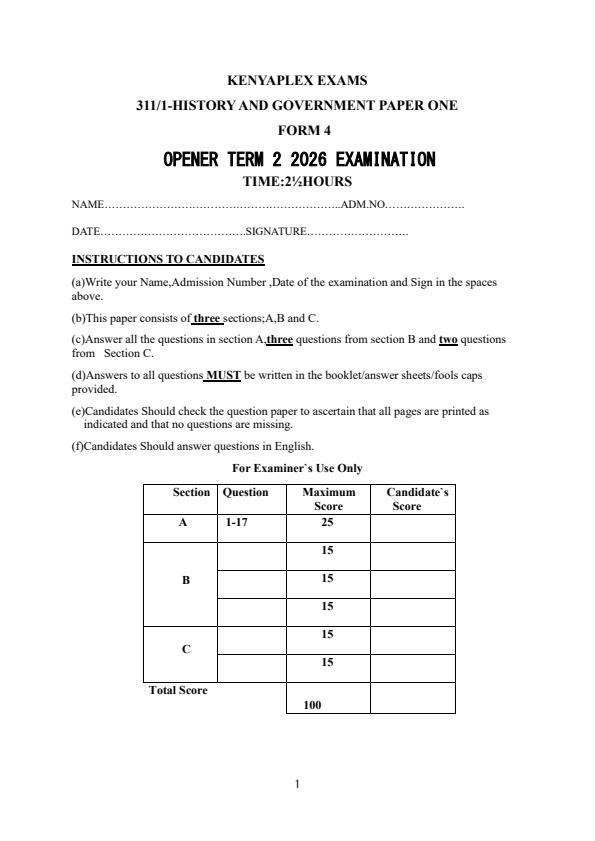 Preview page Form-4-History-and-Government-Paper-1-Term-2-Opener-Exam-2026_5750_0.jpg