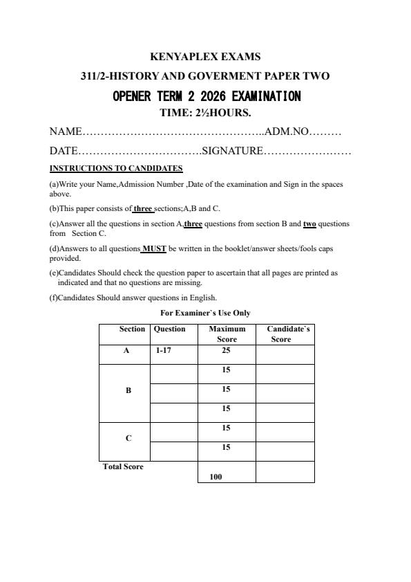 Preview page Form-4-History-and-Government-Paper-2-Term-2-Opener-Exam-2026_5751_0.jpg