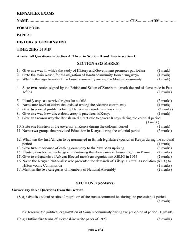 Preview page Form-4-History-and-Government-Term-1-Opener-Exam-2024_2020_0.jpg