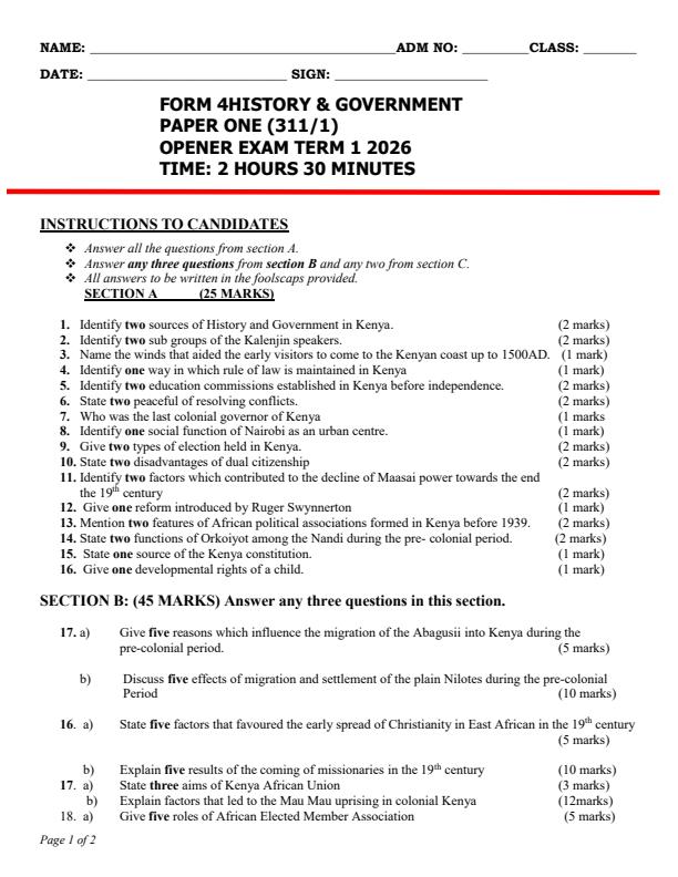 Preview page Form-4-History-and-Government-Term-1-Opener-Exam-2026_4910_0.jpg