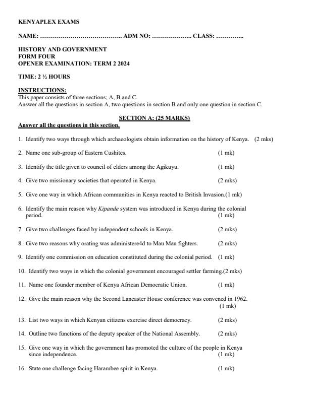 Preview page Form-4-History-and-Government-Term-2-Opener-Exam-2024_2392_0.jpg