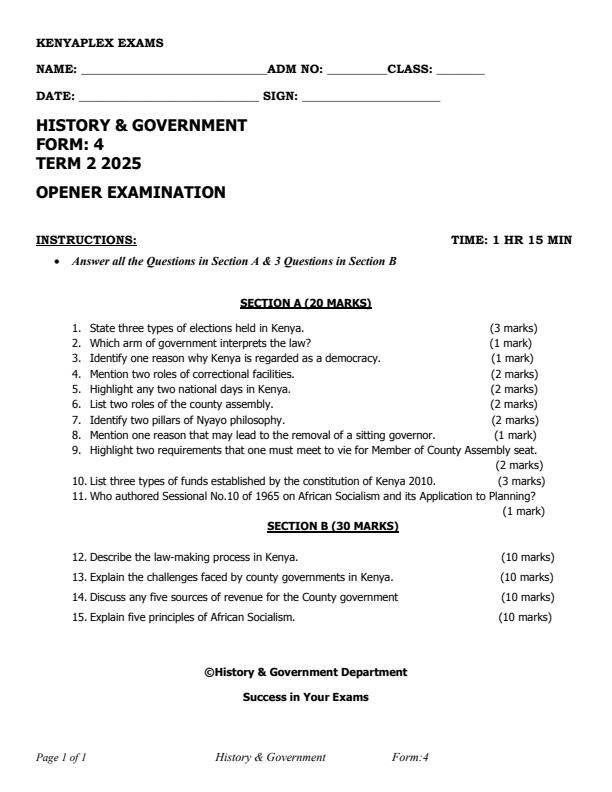 Preview page Form-4-History-and-Government-Term-2-Opener-Exam-2025_3945_0.jpg