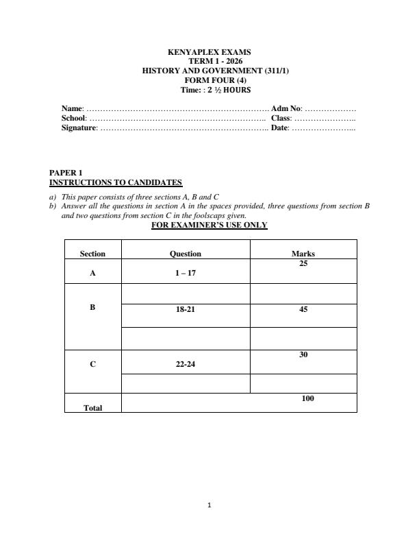 Preview page Form-4-History-and-Government-paper-1-End-Term-1-Exam-2026_5499_0.jpg