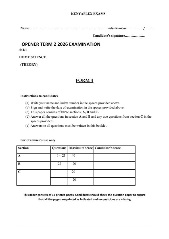 Preview page Form-4-Home-Science-Paper-1-Term-2-Opener-Exam-2026_5752_0.jpg