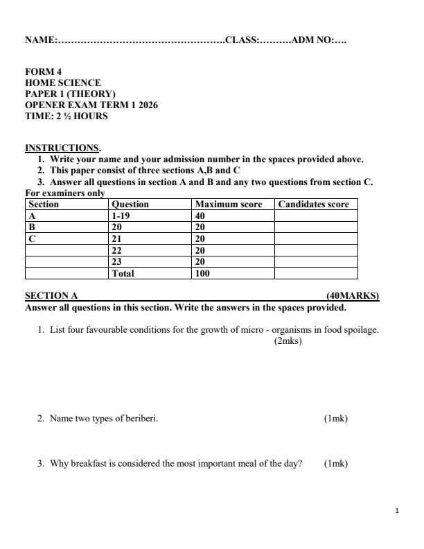 Preview page Form-4-Home-Science-Term-1-Opener-Exam-2026_4911_0.jpg