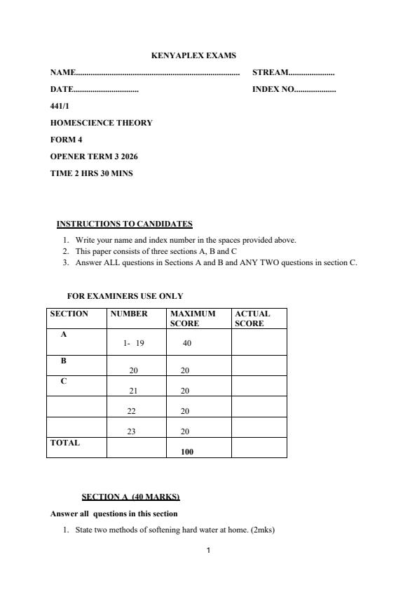 Preview page Form-4-HomeScience-Paper-1-Term-3-Opener-Exam-2026_6650_0.jpg