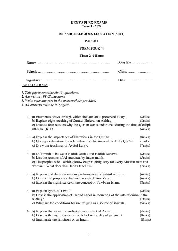 Preview page Form-4-Islamic-Religious-Education-Paper-1-End-Term-Exam-2026_5502_0.jpg