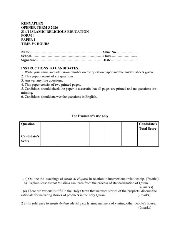 Preview page Form-4-Islamic-Religious-Education-Paper-1-Term-3-Opener-Exam-2026_6652_0.jpg