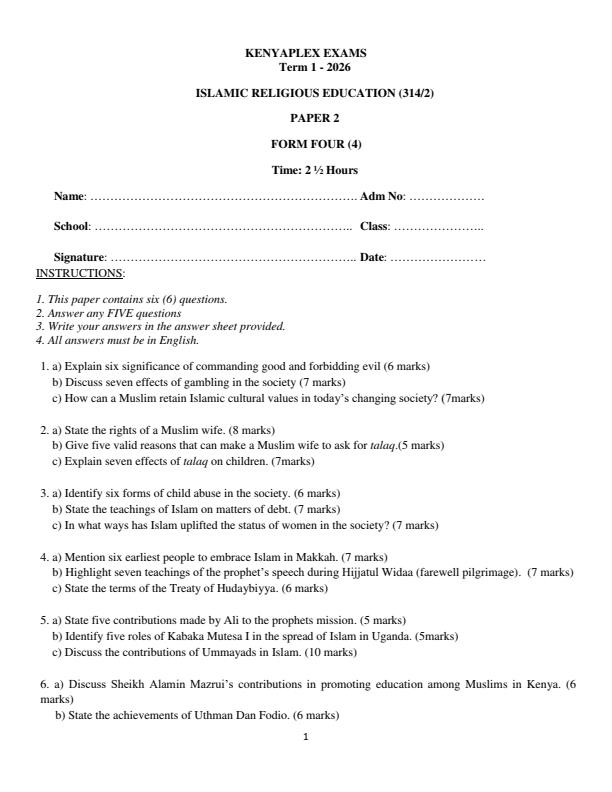 Preview page Form-4-Islamic-Religious-Education-Paper-2-End-Term-1-Exam-2026_5503_0.jpg