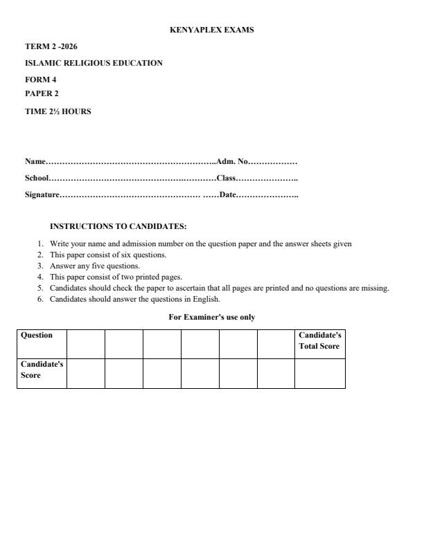 Preview page Form-4-Islamic-Religious-Education-Paper-2-Term-2-Opener-Exam-2026_5755_0.jpg