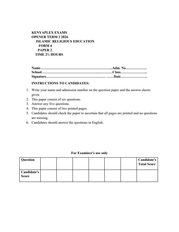 Preview page Form-4-Islamic-Religious-Education-Paper-2-Term-3-Opener-Exam-2026_6653_0.jpg