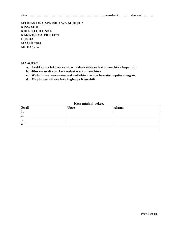Form 4 Kiswahili Paper 2 End Term 1 Examination 2023 1536